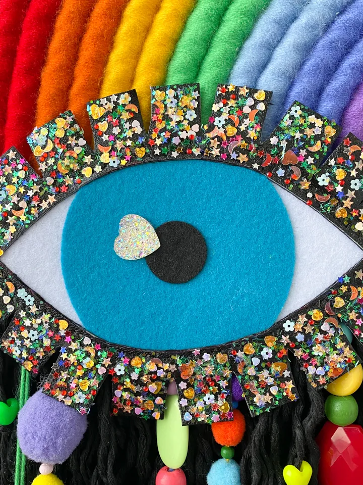 Extra large wall decor, Unique macrame rainbow wall hanging with eye and hamsa hand charm, Boho home aesthetic