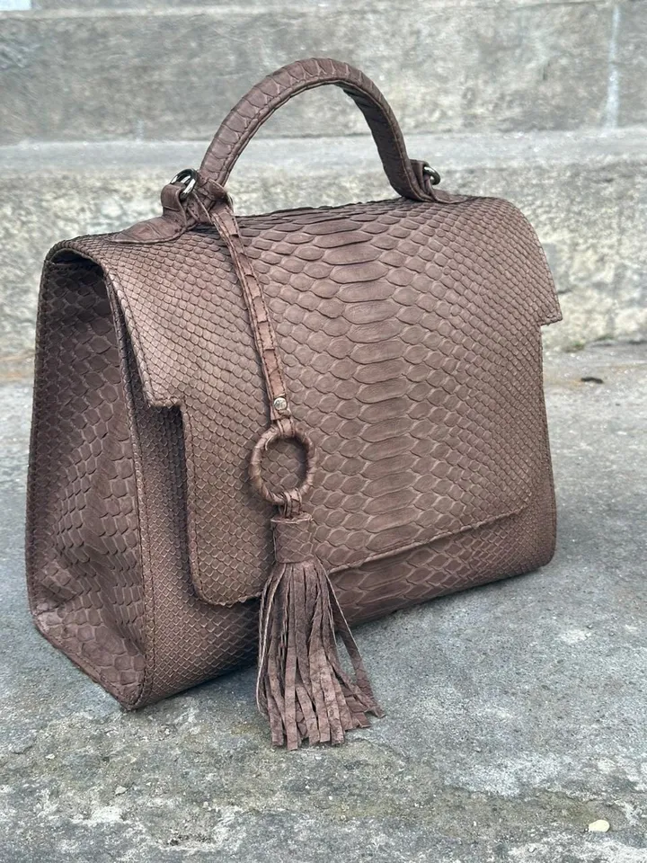 Top handle brown classy genuine python skin big bag | exotic leather bags | Elegant women purse | snake skin bag | designer leather bag