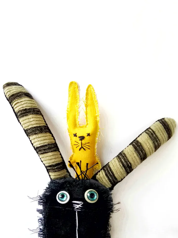 Handmade Funny and Unique Fabric Art Doll Bunnies: One-of-a-Kind Fun Delightful Interior Decor Toys with a Spooky Twist. FREE SHIPPING!