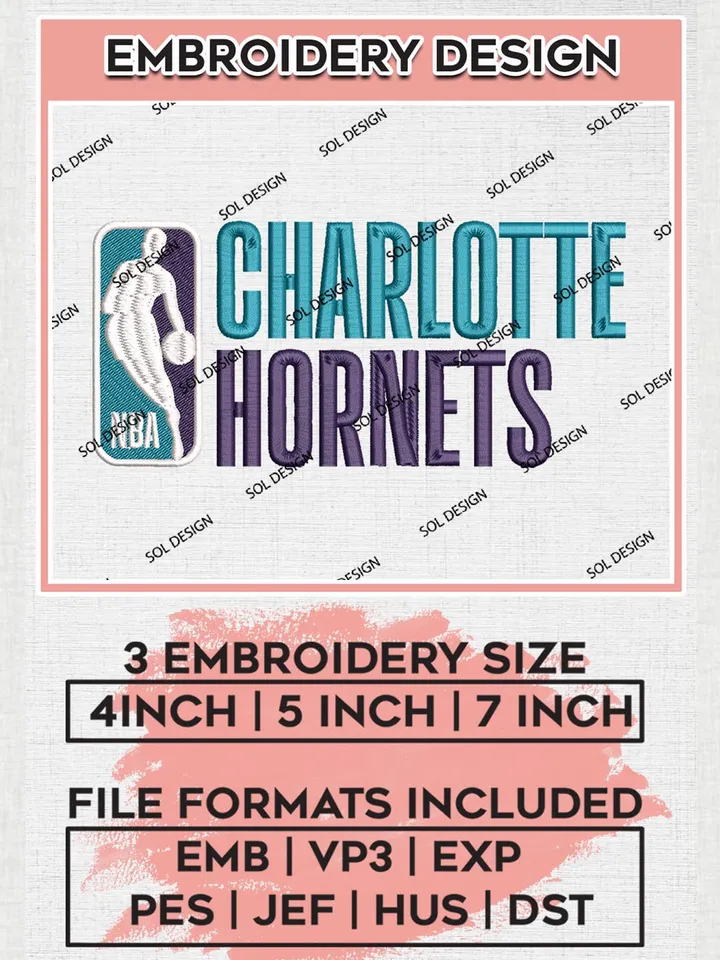 Charlotte Hornets Logo Embroidery Design Files, NBA Embroidery Files, NBA Charlotte Hornets Machine Embroidery Design, Digital Download