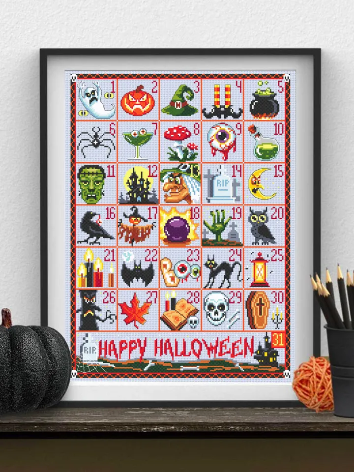 Halloween advent calendar cross stitch pattern PDF download Spooky cross stitch chart, Halloween pattern digital PDF Countdown calendar #H24