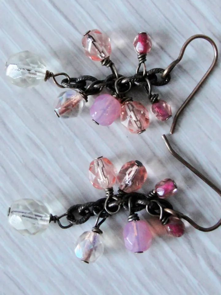 Solid and natural brass Boho Shabby chic with Czech glass beads earrings with chain.