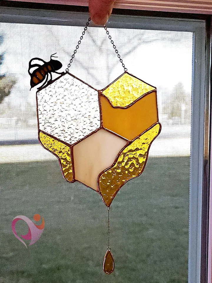 Real Stained Glass Honeycomb Suncatcher with Bee on Heart-Shaped Drippy Honeycomb with Glass Honey Drop Unique Gift for Bee Lover