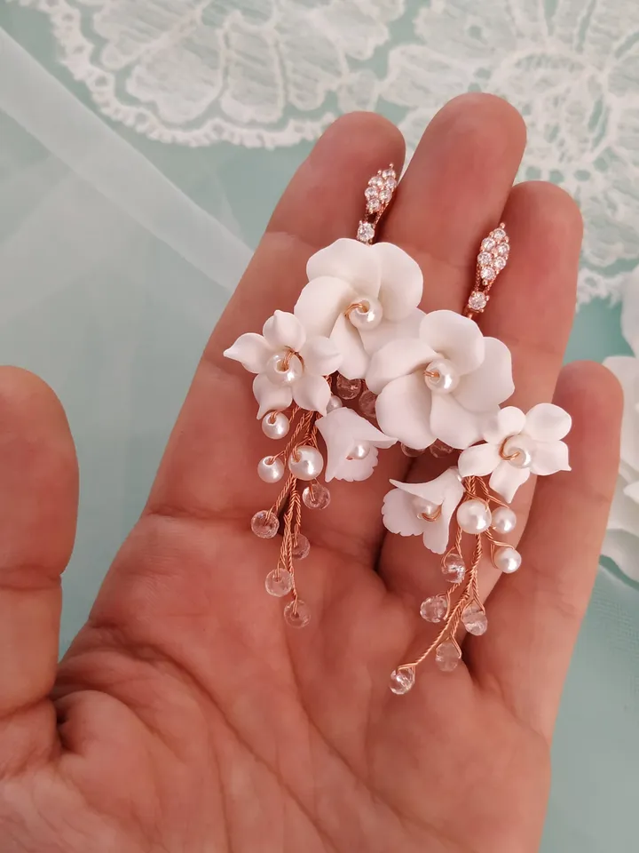 White Porcelain Flowers Gold | Rose Gold Wedding Necklace Set, Boho Wedding Earrings, Boho Bridal Earrings, Floral Wedding Jewelry Set,