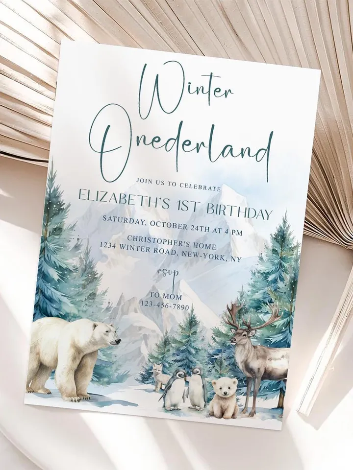 Winter Onederland 1st Birthday Invitation, Snow Woodland 1st Birthday Invite, Winter Onederland, Printable 1st Birthday Invitation - I132