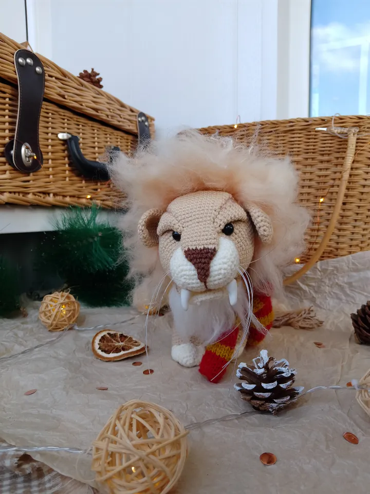 Soft toy lion in a scarf Gryffindor. Harry Potter symbol. Gift for Harry Potter fans. Stuffed lion toy for gift