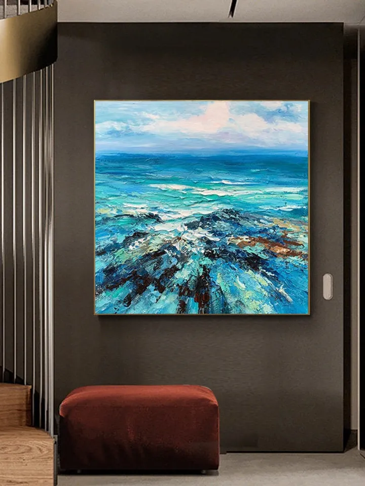 Blue Mediterranean Sea Landscape Oil Painting on Canvas, Abstract Crystal-clear Ocean Acrylic Painting, Large Heavy Textured Wall Art Decor