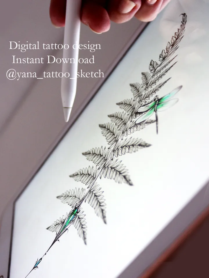 Fern Tattoo Design Dragonfly And Leaf Fern Tattoo Idea Stencil Sketch, Instant download PDF, JPG