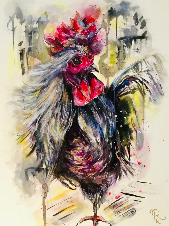 Silver rooster original watercolour mix media artwork on watercolour paper,birds painting watercolour,home decoration wall art,gift