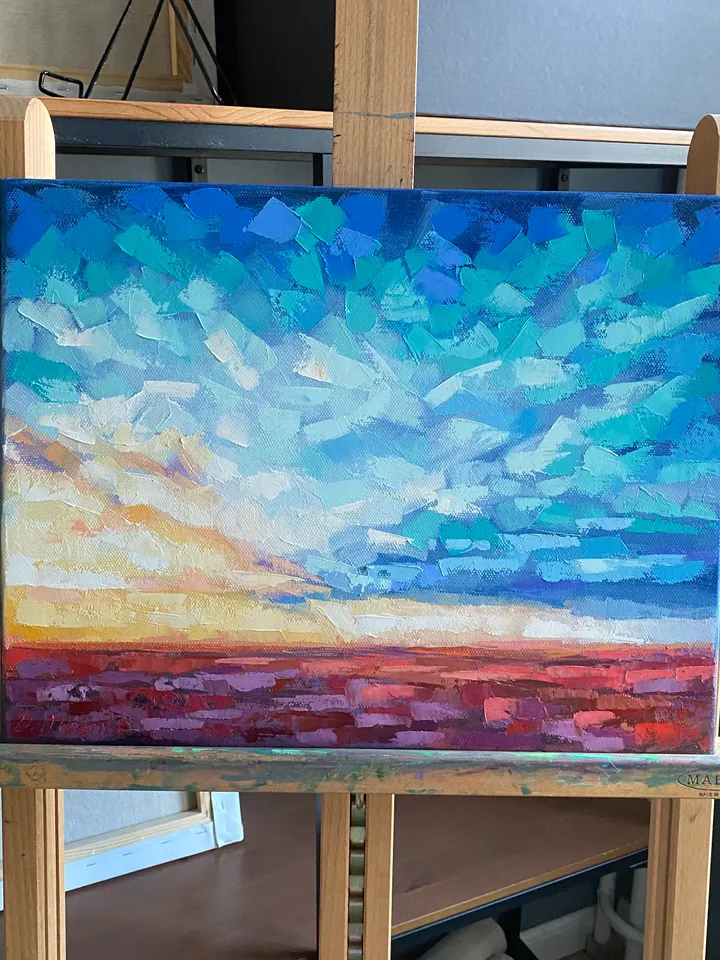 Seascape Painting Ocean Original Art Abstract Landscape Artwork Oil On Canvas 14x18" Sunset Clouds Wall Art