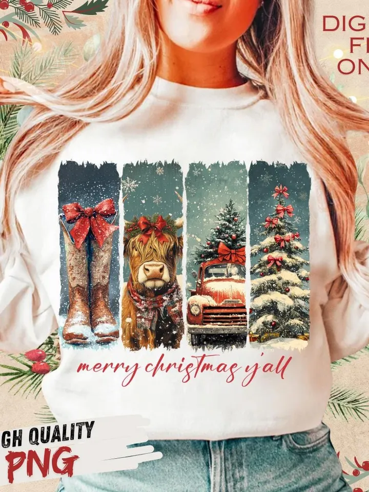 Merry Christmas Yall Vintage small town christmas PNG, Cowgirl Png, Small town girl PNG, highland cow Christmas png, Christmas western