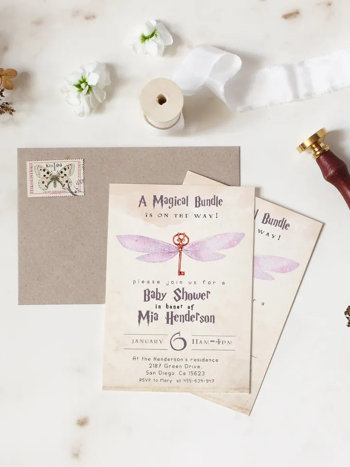 Wizard Baby Shower Invitation; Magic School Baby Schower Invite template; A Magical Bundle on the Way; Magic School Invite editable canva