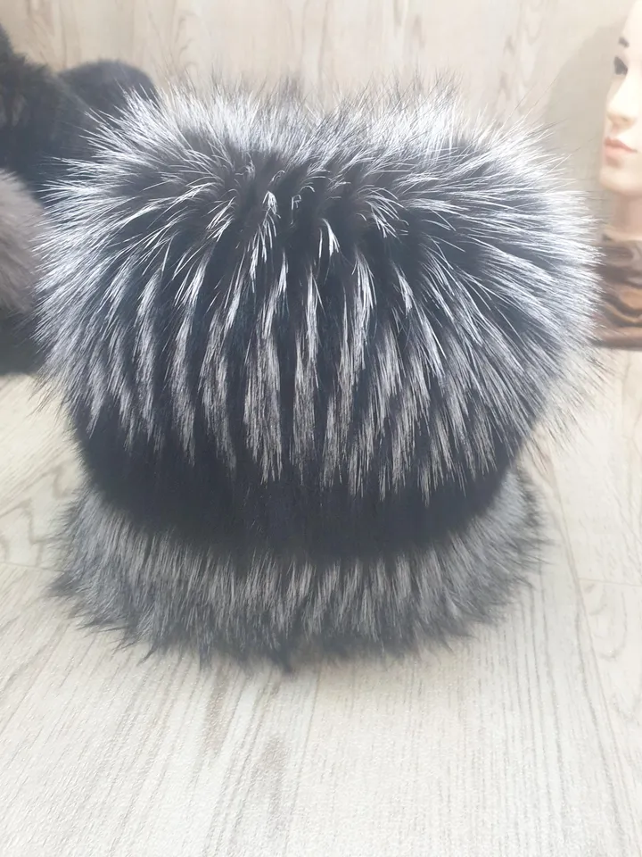 Women's fur hat made of silver fox with arctic fox. Warm hat for winter. Silver hat with black. Sits comfortably on the head