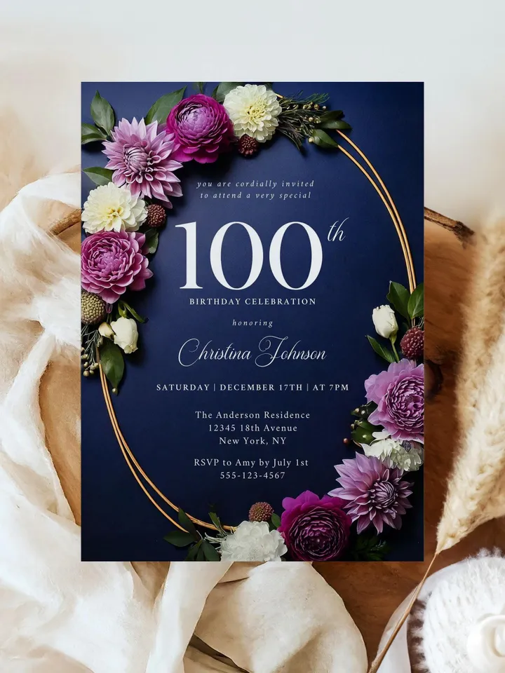 100th Birthday Party Invitation Canva Template for Mother Grandma, Moody Purple Flowers Navy & Gold, 100 Years Loved, Digital Invite
