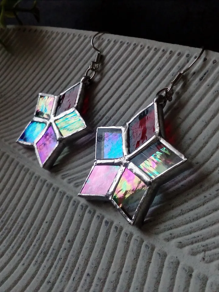 Star drop earrings, flower dangle earrings, geometric earrrings, Iridescent drop earrings, simple stained glass