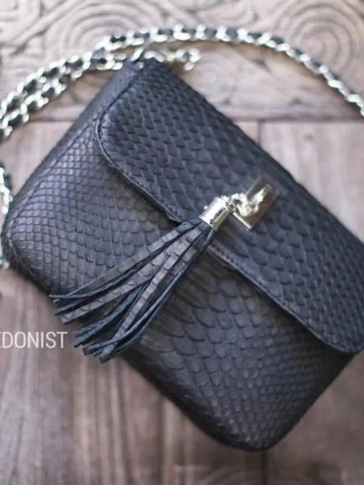 Genuine python skin crosdbody chain black tassel, elegant small classy bag crossbody genuine leather bag, everyday elegant small bag small
