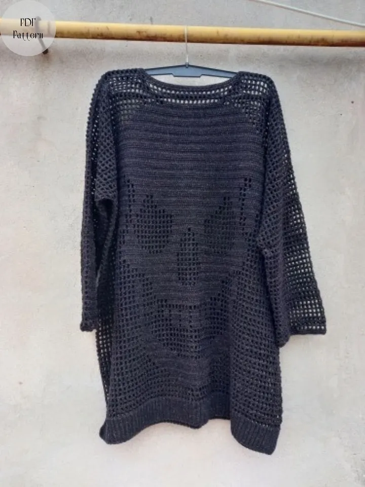 Crochet skull mesh sweater in cotton any size, PDF pattern