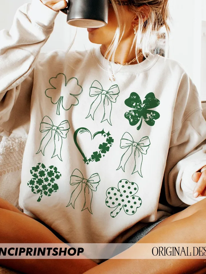 St Patrick's Coquette Shamrock Png, St Patrick's Day Png, St Patrick's Bow png, Lucky png, St Patrick's Shirt png, Doodle clover, Shamrock