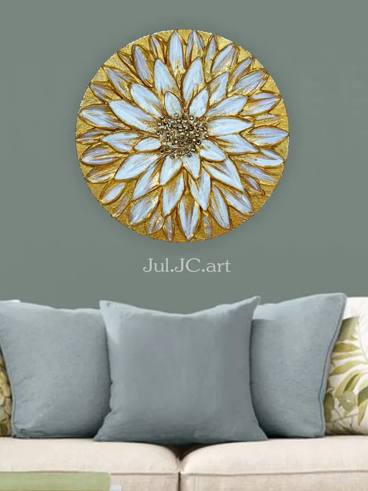 Golden Daisy art Floral Abstract Original Painting Textured artwork on a round canvas | Gold Flower wall art with gold crystals