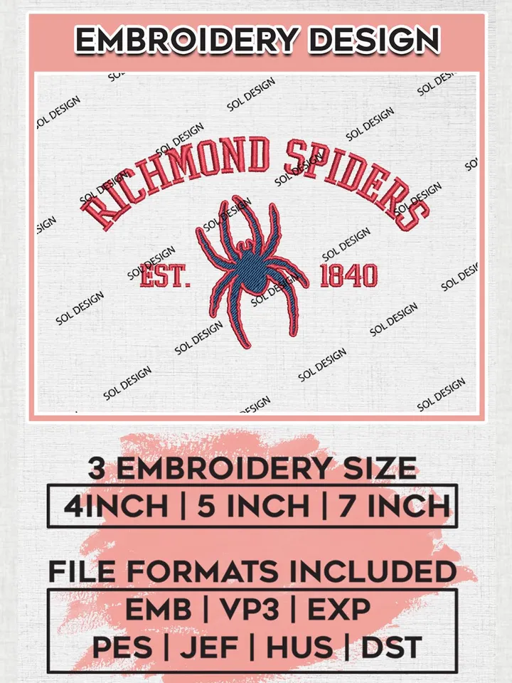 Richmond Spiders Est 1840 Logo Embroidery Designs, NCAA Richmond Spiders Team Embroidery, NCAA Team Logo, 3 sizes, Machine embroidery Files, Digital Download