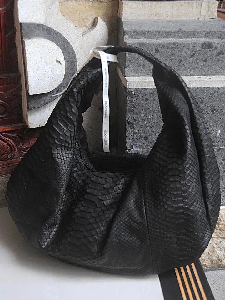 Big Soft Hobo Classy Sport Woman Bag | Purse Genuine Python Skin | Reptile Skin Products | Black Big Elegant Leather Designer Soft Bag Snake
