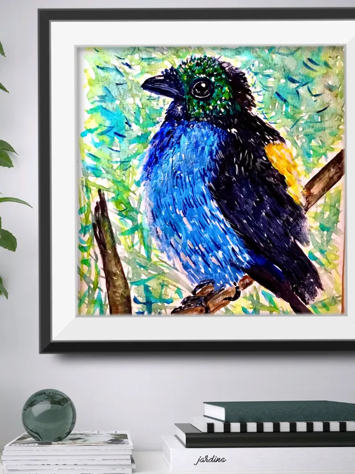 Paradise tanagra bird original watercolour painting.Bright exotic bird.