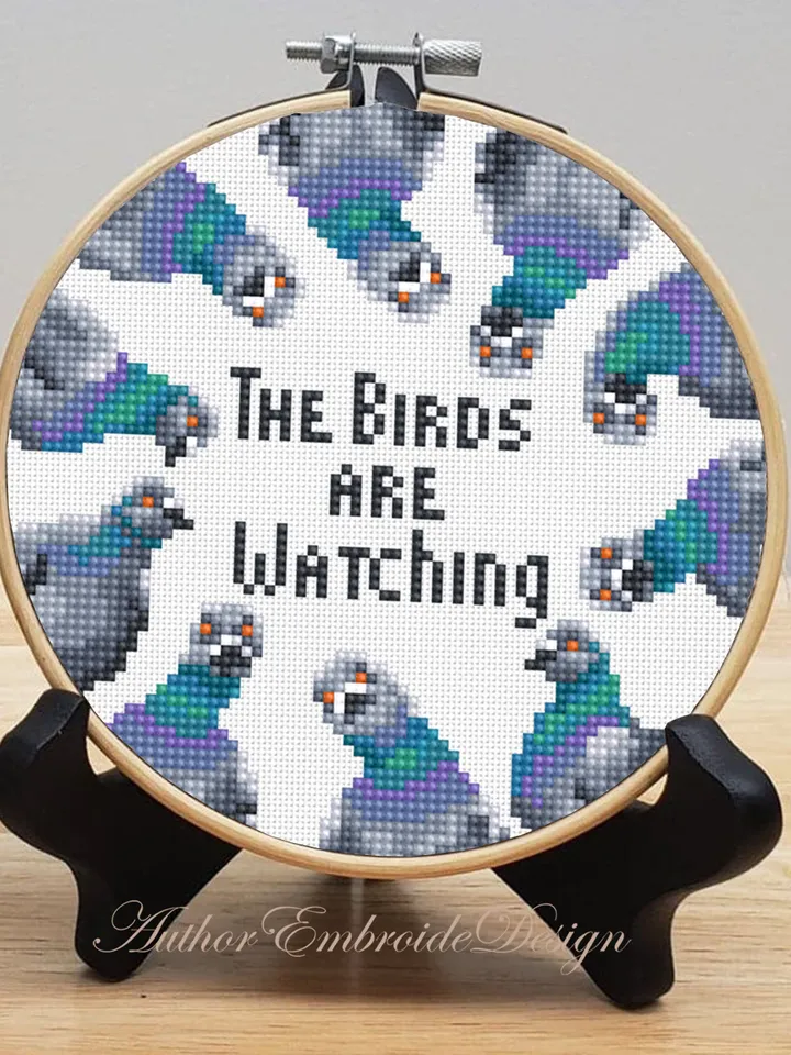 Funny pigeons cross stitch pattern PDF download Cross stitch quote The birds are watching, Small modern cross stitch chart Pigeon gifts #Q60