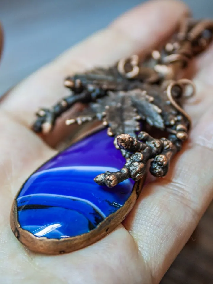 Unique handmade copper pendant made of natural leaves and twigs using the electroforming method, with a natural agate, an original gift