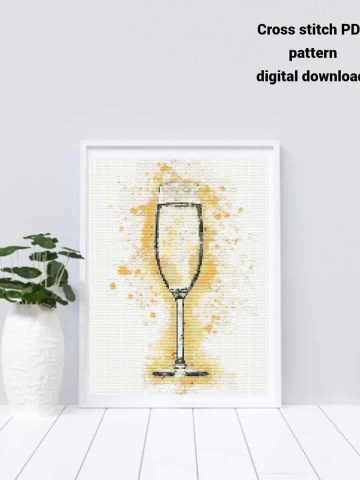 A glass of champagne cross stitch PDF pattern, Watercolor embroidery design, Instant download