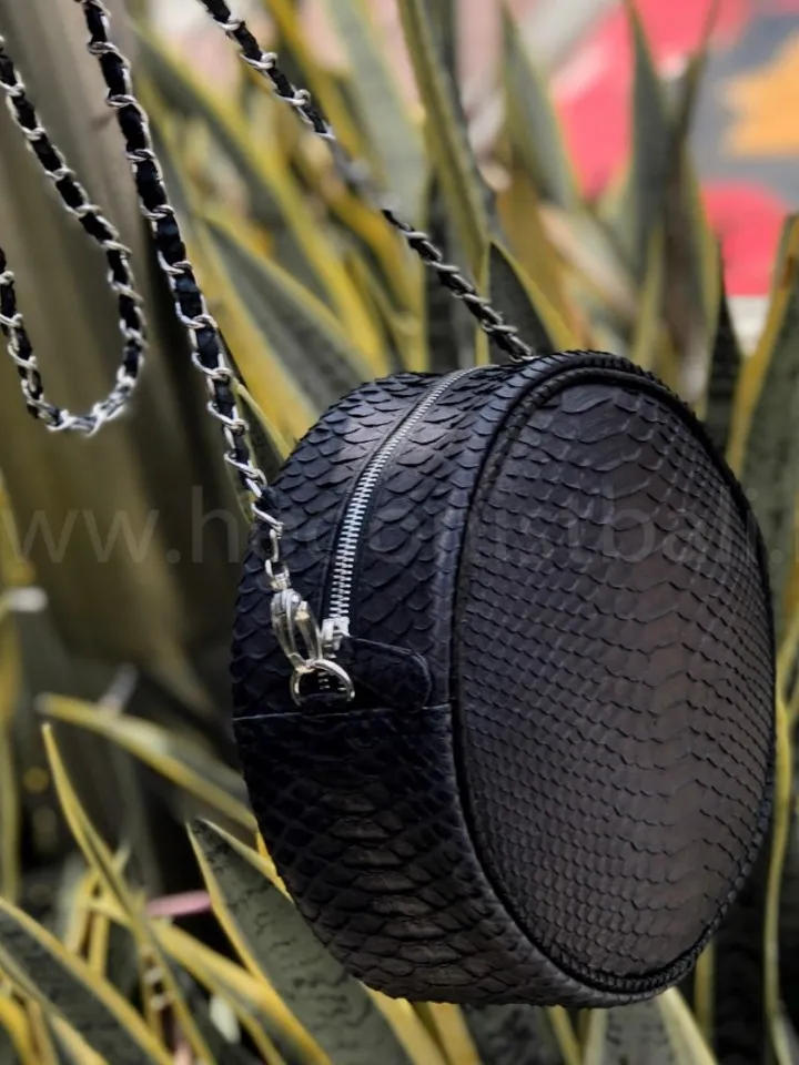 Genuine Python Skin Black Round Crossbody Chain Bag | Round Bags | Exotic Leather Bags | Classy Women Leather Snakeskin Bag | Designer Bag