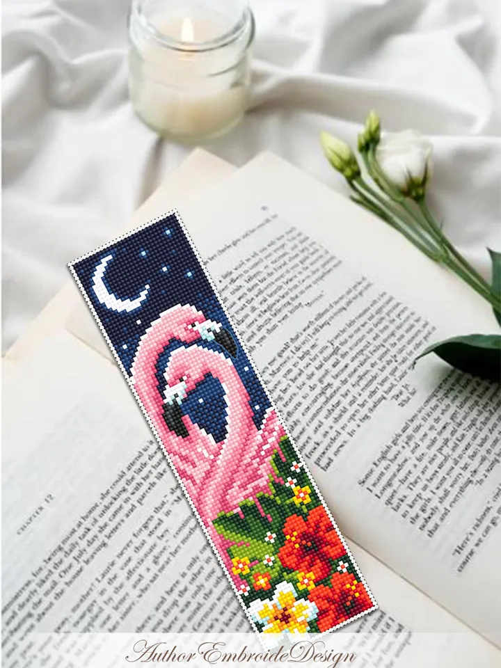 Flamingo bookmark cross stitch pattern PDF instant download Pink flamingo couple cross stitch chart, Bird bookmark pattern digital PDF #B442