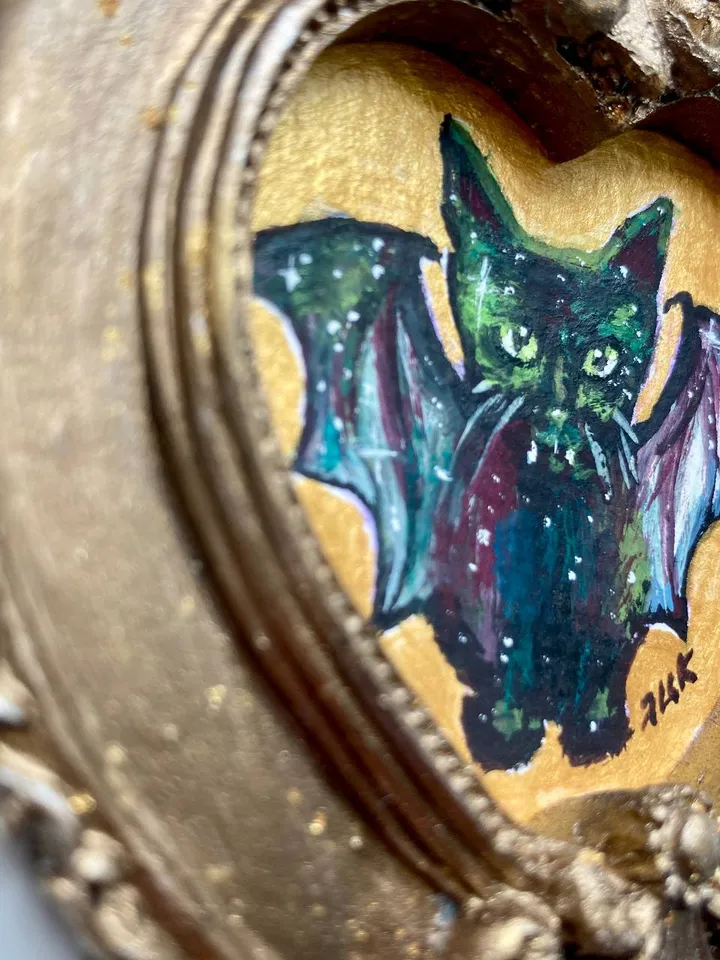 Bat Painting Small Framed Art Goth Painting Bat Gifts, Mini Gold Framed Decor, Cat Bat, Black Cat Art, Tiny Art Whimsigoth Decor