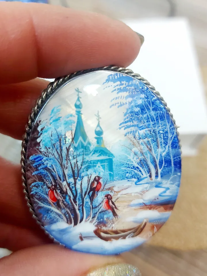 Mother-of-pearl Russian brooch "Russian Winter", Miniature hand-painted, Russian fine art jewelry, Аbalone shell. Russia gift for woman. Pin