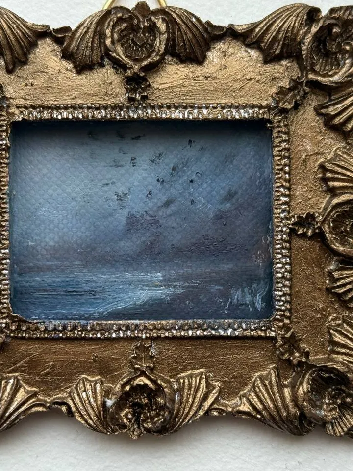 Small Landscape Oil Painting Framed Original Dark Ocean Art Coastal Antique Frame Tiny Paintings 3 x 4 Art Victorian artwork