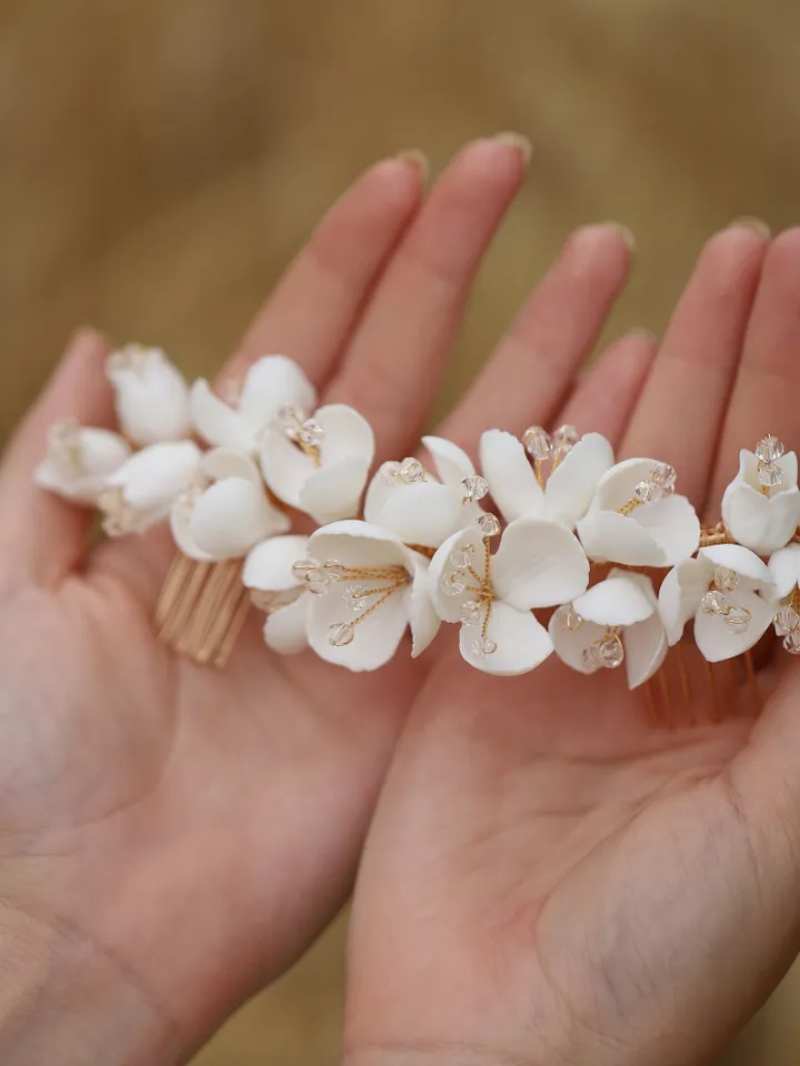 Gold Wedding hair accessories, Porcelain Flower Headpiece, Floral Bridal Headpiece, Rose Gold Hair Comb, Leaves Bridal Hair Accessories,