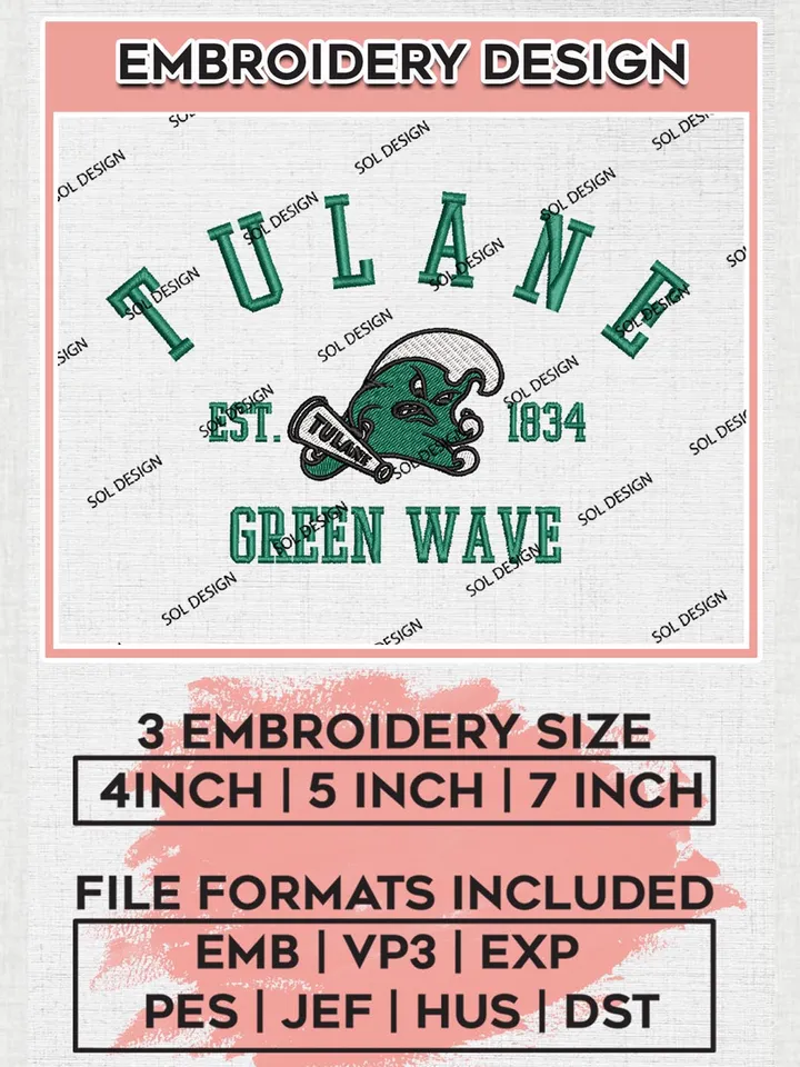 Tulane Green Wave Est 1834 Logo Embroidery Designs, NCAA Tulane Green Wave Team Embroidery, NCAA Team Logo, 3 sizes, Machine embroidery Files, Digital Download