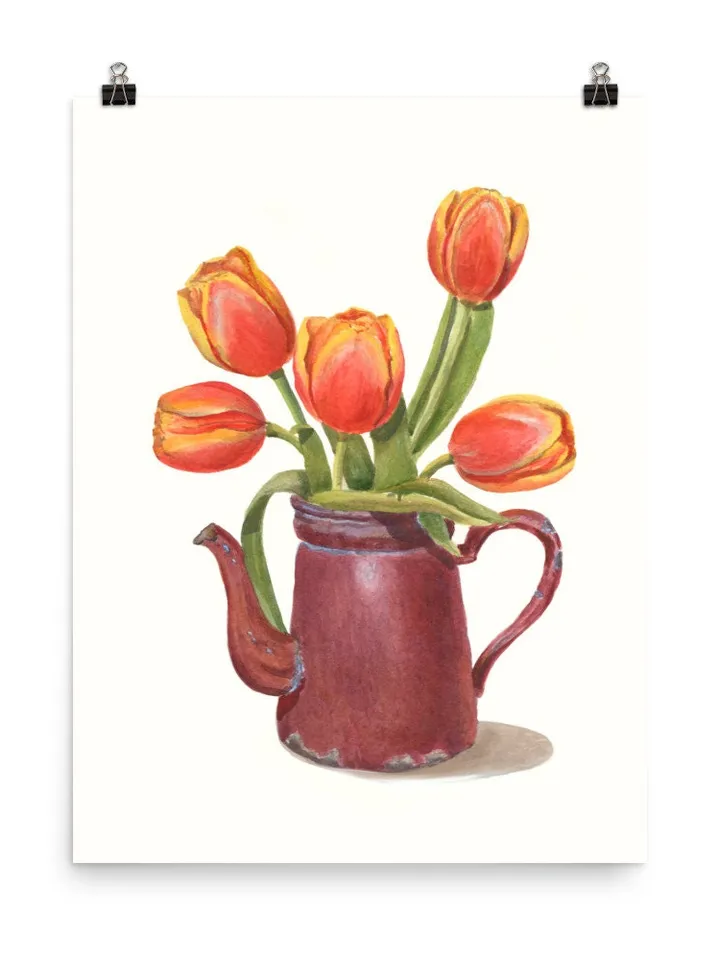 Tulip Painting Watercolor Vintage Still Life Painting Tea Lovers Watercolor Print Floral Tulip Wall Art Farmhouse Painting Red Floral Art t