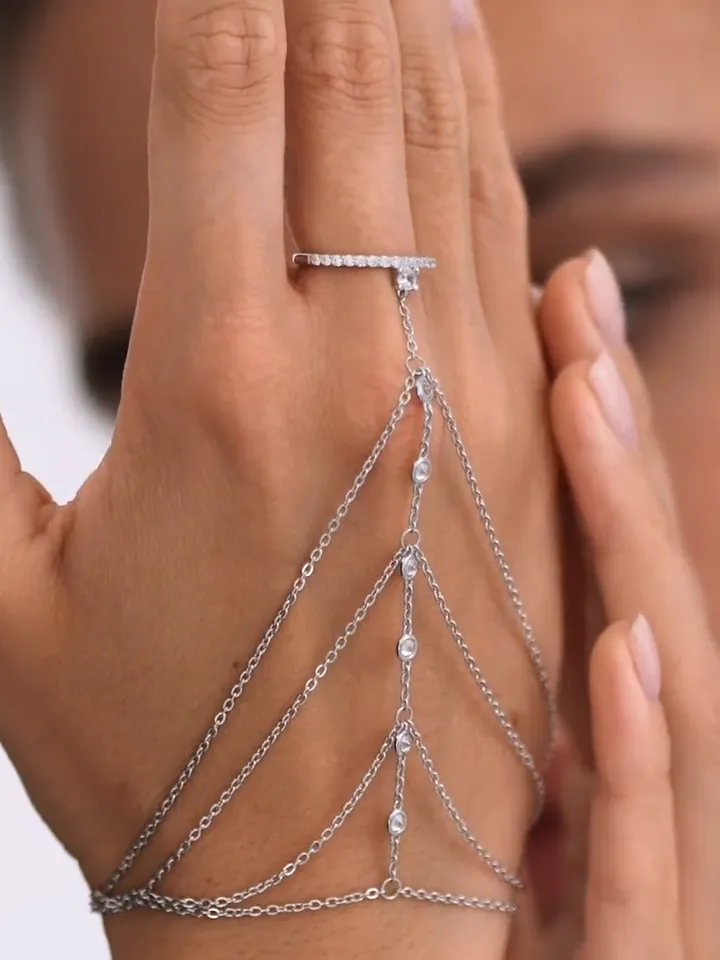 Silver bracelet for women with cubic zirconia, slave bracelet for hand, ring size 5.5-9