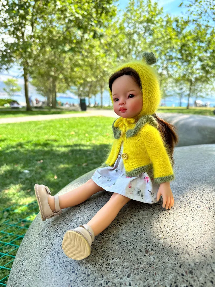 PDF Knitting Lemon SET Cardigan and Hat Pattern & Tutorial with Cute Lock Pattern – Cozy Outfit for 13-Inch Dolls Paola Reina eng