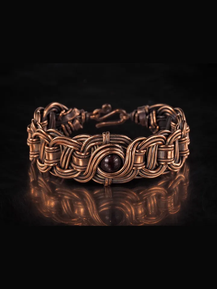 Copper wire wrapped garnet bracelet Unique bangle 7th Wedding Anniversary