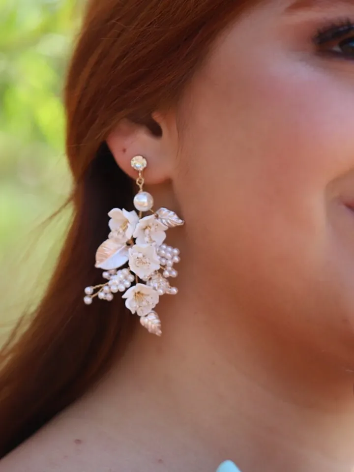 Porcelain Flower Wedding Earrings, Rose Gold Floral Statement Bridal Earrings, Pearl Boho Wedding Earrings, Statement Wedding Jewelry Set,