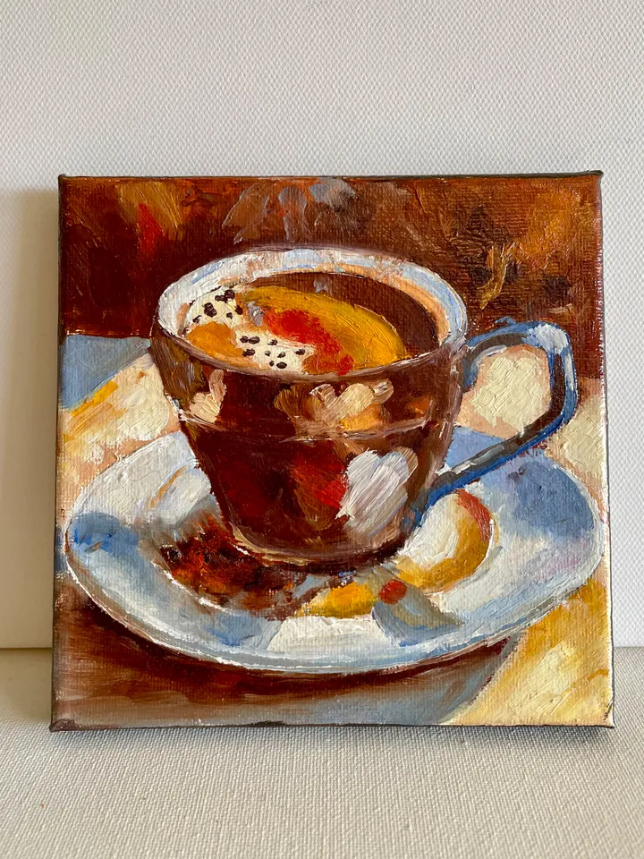 Coffee Cup Oil Painting, Small Original Kitchen Wall Decor, Bar Cart Decor 6"x6"