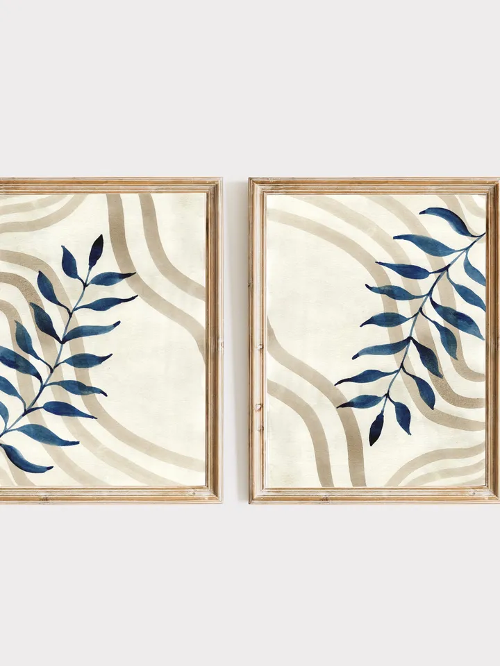 Indigo Beige Floral Minimalist Watercolor Wall Art, Set Of 2, Abstract Art Print, Blue Home Decor,