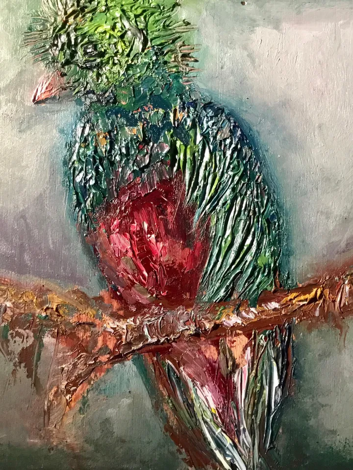 Quetzal bird,original oil impasto style painting on wooden box ,birds painting,exotic birds painting,wall decoration,unique gifts.