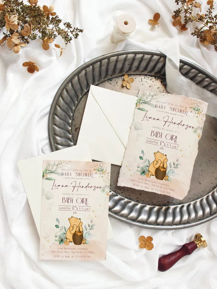 Classic Winnie Pooh Baby Shower Invitation; Girl Baby Shower Template; Gentle Rose Baby Shower Invite; Honey Bear Invite; Winnie Templat