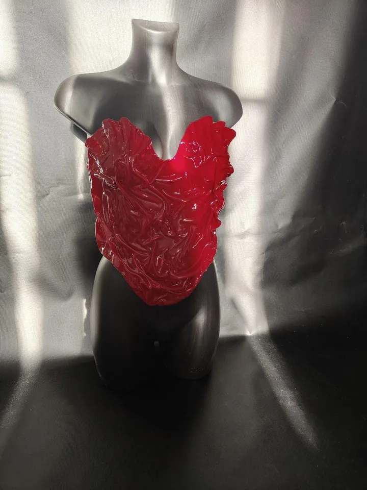 Red corset, cosplay corset, custom corset, crop top, plastic cotset, unique corset, festival corset, golden wave corset, photo props