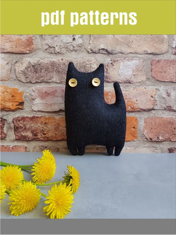 Black cat sewing pattern PDF rag doll tutorial in English, Halloween doll diy