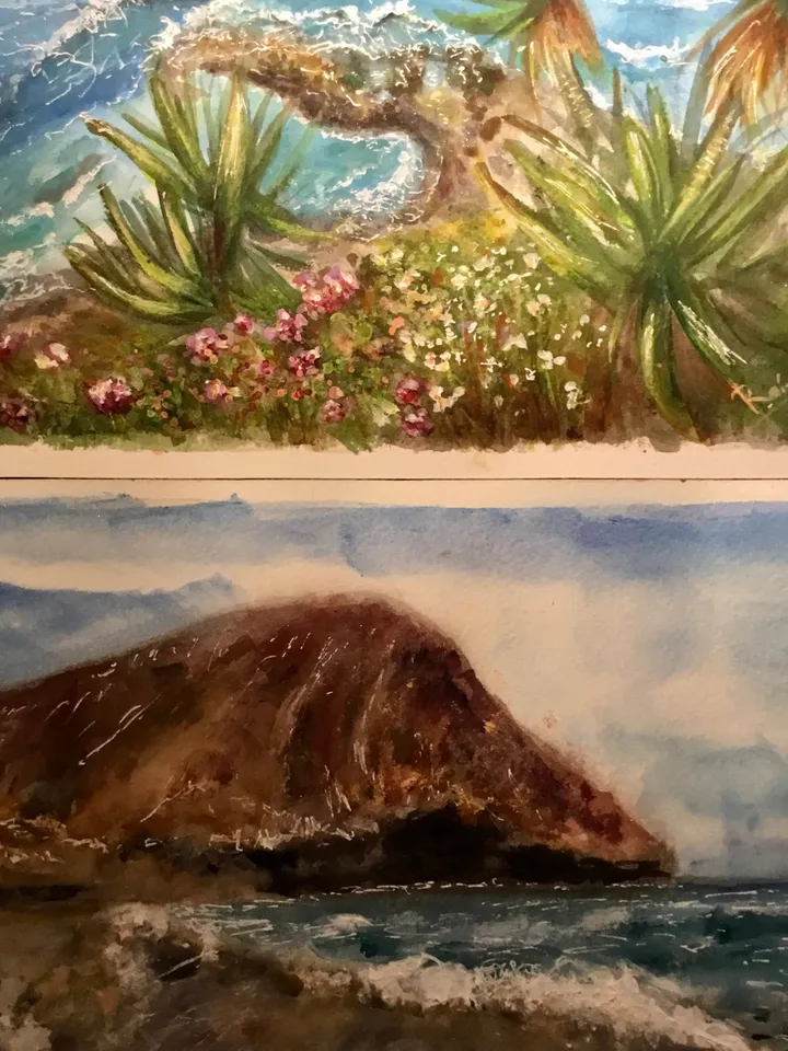Canarian islands -Set of 2 watercolor paintings,Tenerife famous beaches original watercolor paintings,holidays,ocean,rocks,palms,waves