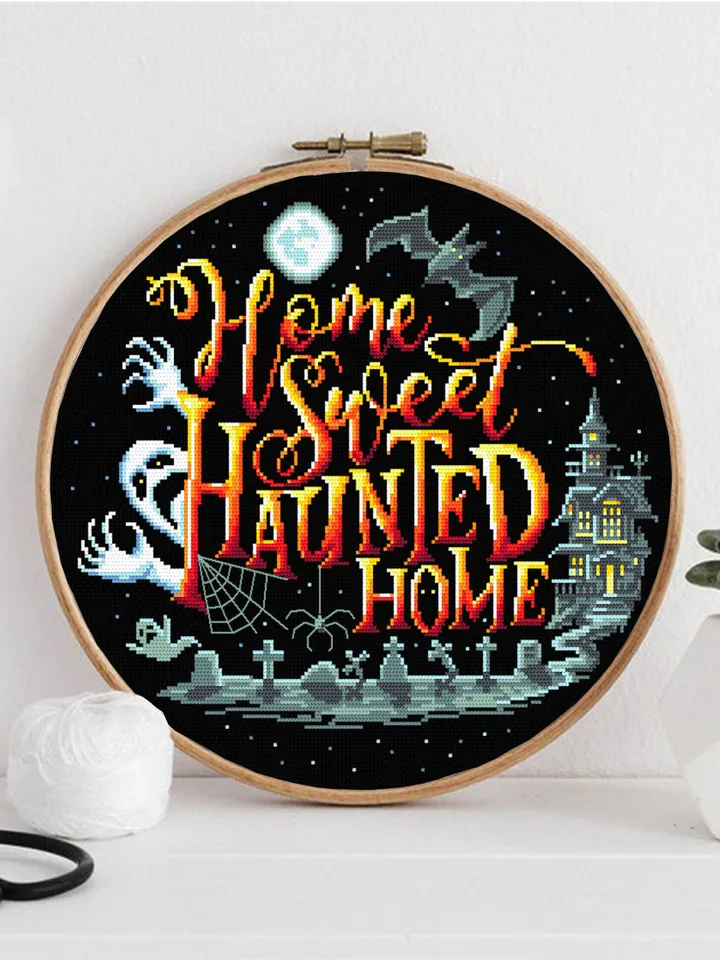 Halloween quotes cross stitch pattern download PDF, Horror cross stitch chart, Home sweet haunted home, Happy Halloween embroidery PDF #H37