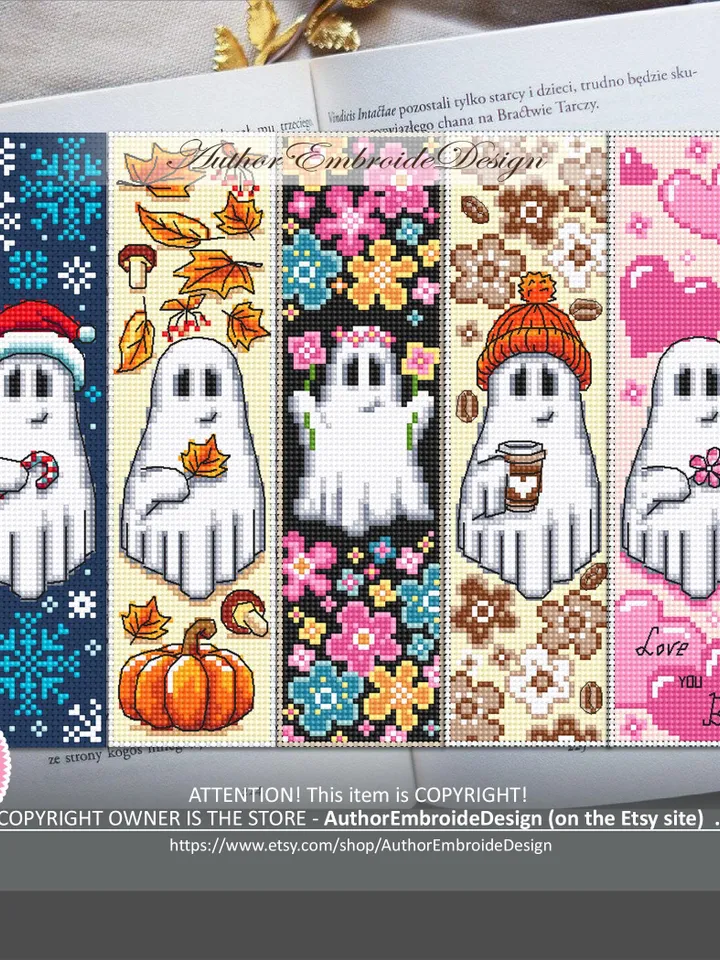 Ghost Bookmark set cross stitch pattern PDF download Cute ghost cross stitch chart Halloween bookmark pattern digital PDF Floral ghost #B376